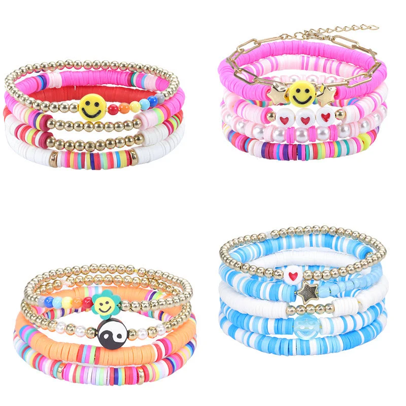 Wholesale Colorful Soft Pottery Smile Heart Pearl Bracelet Set