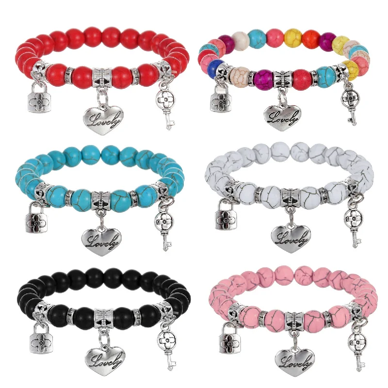 Wholesale Colorful Turquoise Beaded Key Lock Love Heart Pendant Bracelet