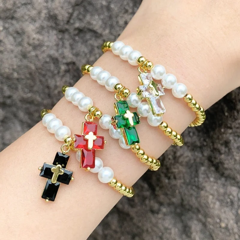 Wholesale Copper Plated Real Gold Cross Pendant Beaded Bracelet