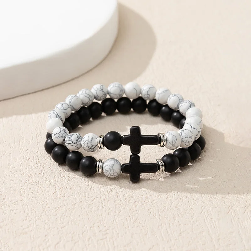 Wholesale Cross Black and White Beaded Bracelet