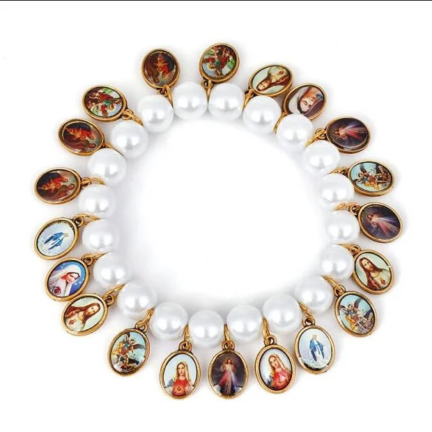 Wholesale Cross Holy Medal Decorated Imitation Pearl Bracelet