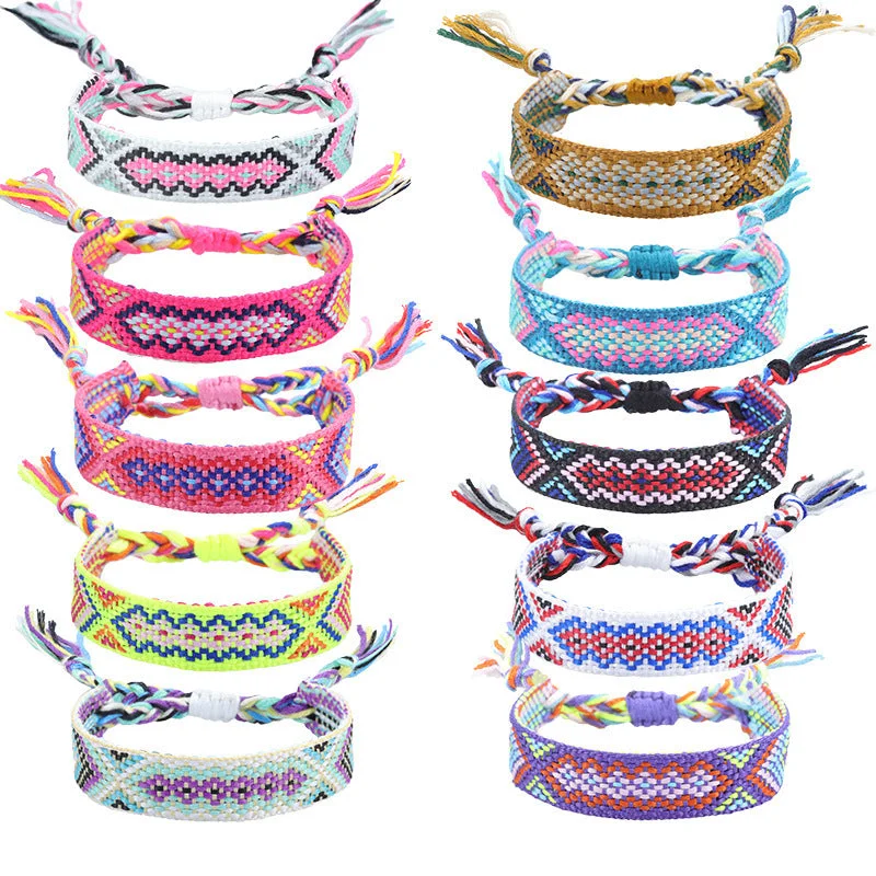 Wholesale Ethnic Weaving Colorful Tassel Lucky Friendship Polyester Cotton Bracelet