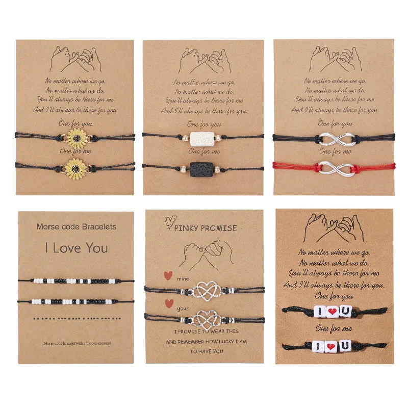 Wholesale Geometric 8-character Volcanic Stone Sunflower 2-piece Braided Adjustable Paper Card Bracelet