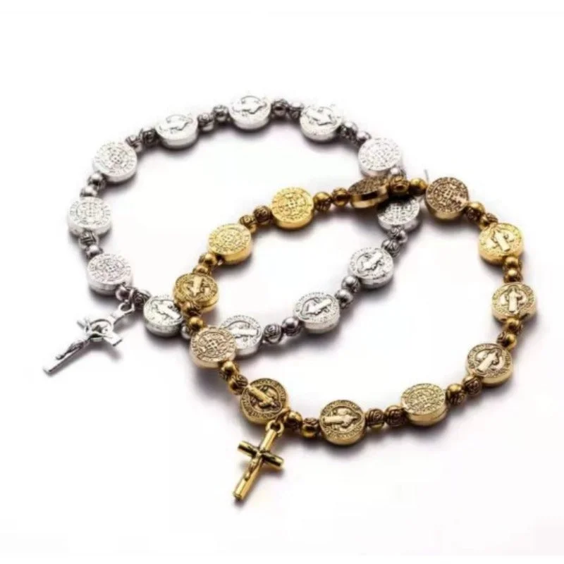 Wholesale Gold and Silver 2-color Saint Benedict Exorcism Cross Alloy Bracelet