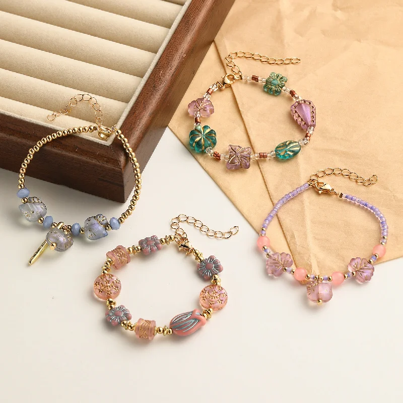 Wholesale Literary Retro Golden Colorful Glass Beaded Bracelet