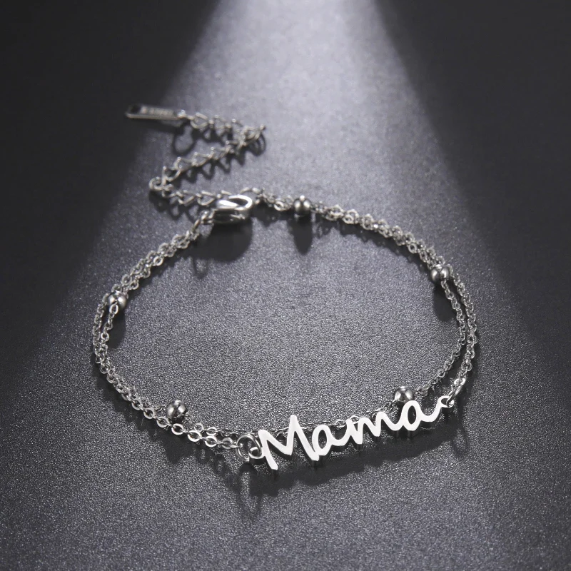 Wholesale Mother's Day Mama Stainless Steel Letter 18K Gold Stacked Beaded Chain Bracelet