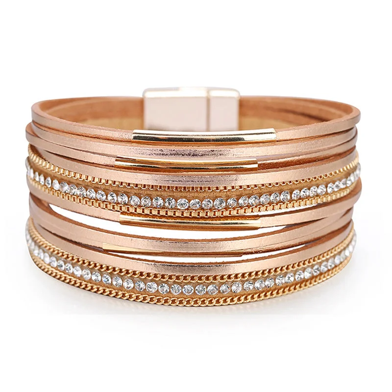 Wholesale Multi-layered Genuine Leather Fine Chain Copper Tube Diamond Bracelet