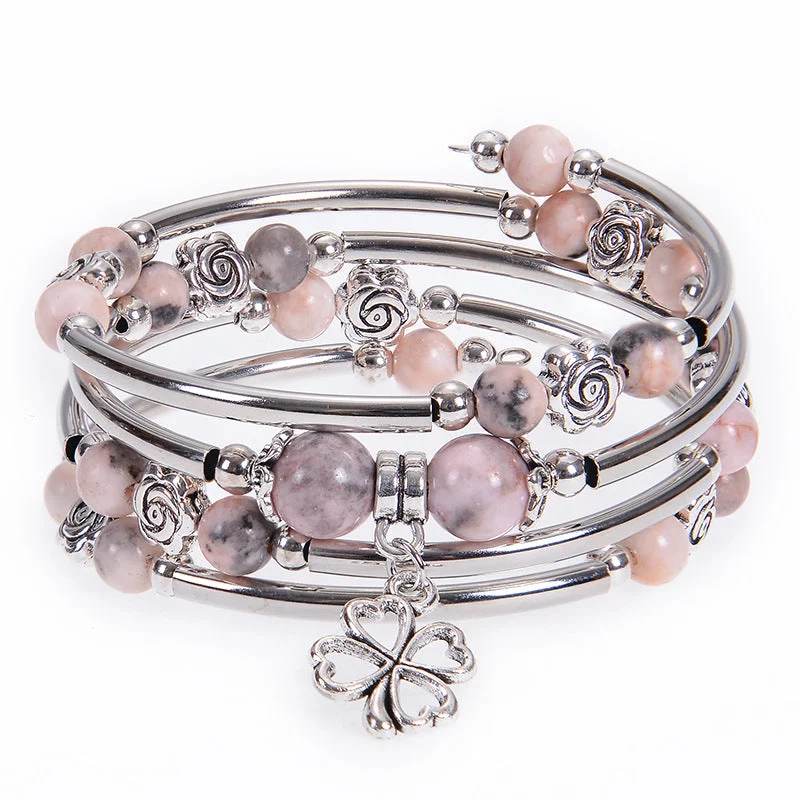 Wholesale Natural Pink Zebra Stone Multi-layer Natural Stone Beaded Flower Bracelet