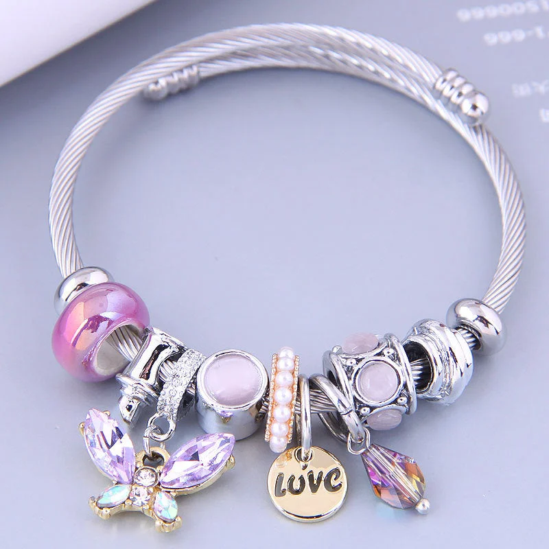 Wholesale Stainless Steel Wire Crystal Butterfly Tassel Beaded Opening Adjustable Bracelet