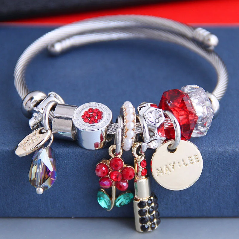 Wholesale Stainless Steel Wire Crystal Sunflower Lipstick Pearl Tassel Bracelet