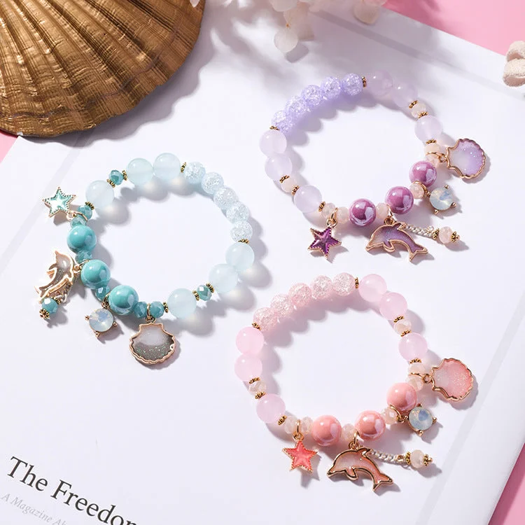 Wholesale Vacation Style Dolphin Shell Crystal Beaded Bracelet