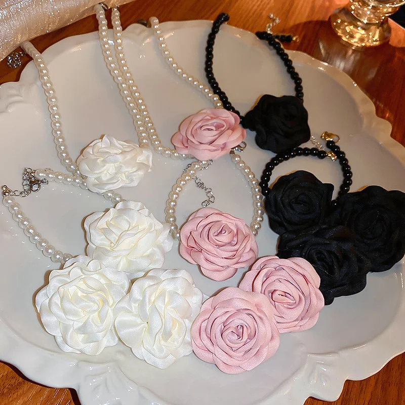 Wholesale Vintage Fabric Flower Sweet Necklace Bracelet Earring Set