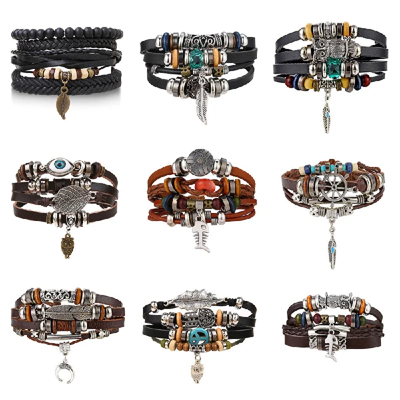 Wholesale Vintage Leaf Handwoven Multi-layer Leather Bracelet