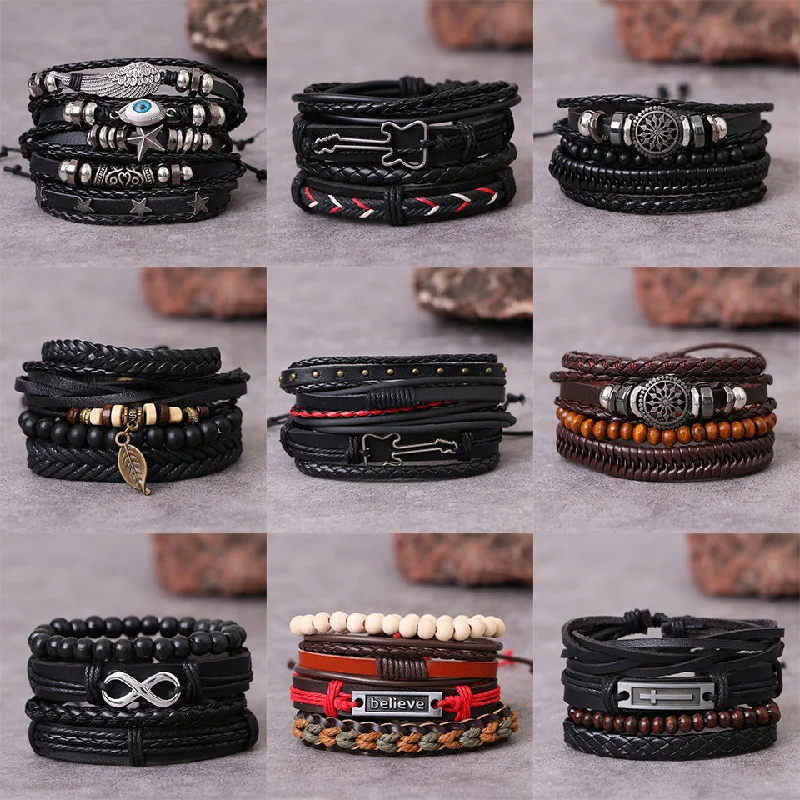 Wholesale Vintage Multi-layered Adjustable Leather Beaded Bracelet for Men