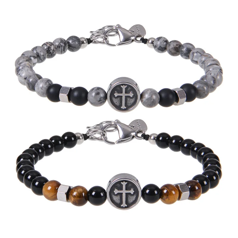 Wholesale Vintage Stainless Steel Cross Men's Natural Stone Beaded Bracelet