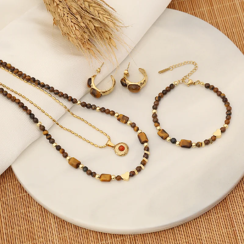 Wholesale Vintage Tiger Eye Stone Beaded Necklace Bracelet Earrings Set